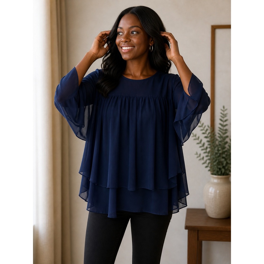 A New Day Navy Blue Tiered Chiffon Blouse Bell Sleeve Crew Neck Top Medium